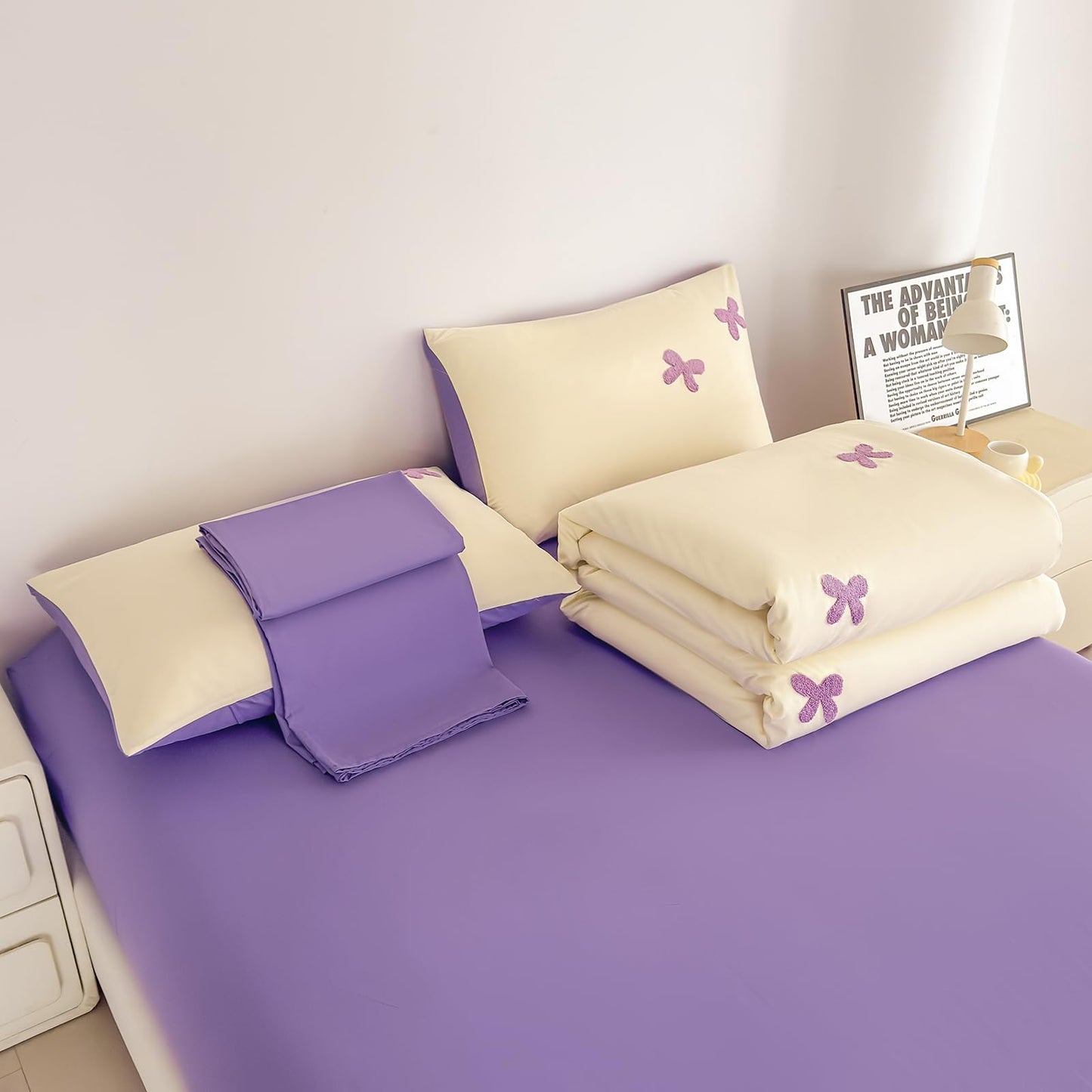 Tailor Shop Queen Size Girls Bedding Set 5 Pieces Pink Bedding Tufted Chenille Bowknot Embroidery White Comforter Girls Purple Comforter