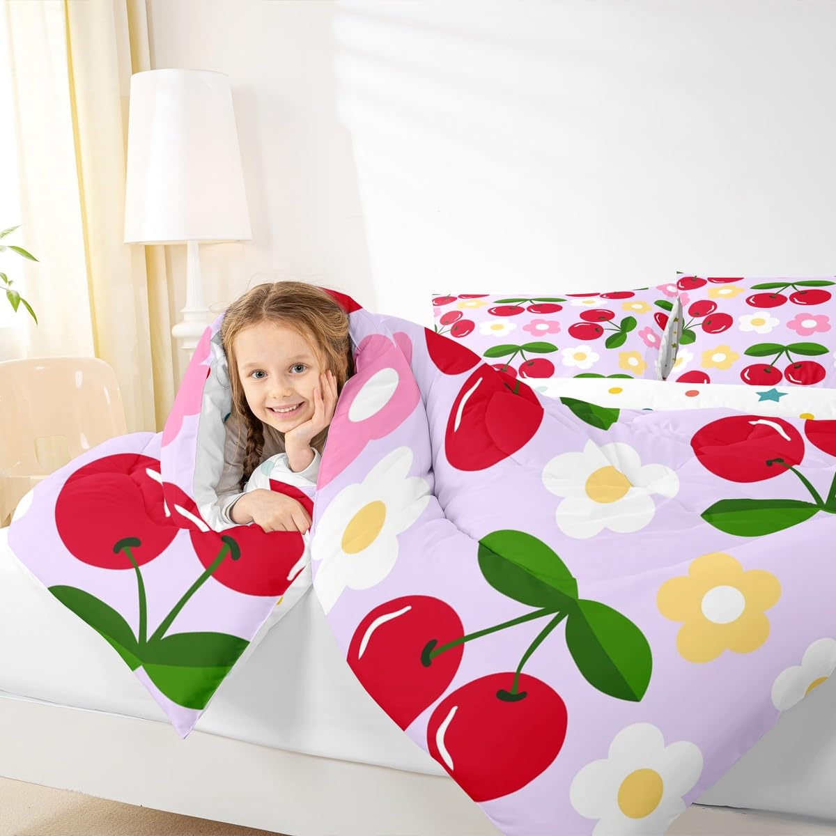 Red Cherry Kids Comforter Set Twin Size,Cartoon Flowers Tropical Fruits Rustic Bedding Set,Girls Princess Room Decor,Modern Fashion Coqueta Down Comforter,Purple Bright Duvet Insert,1 Pillowcase