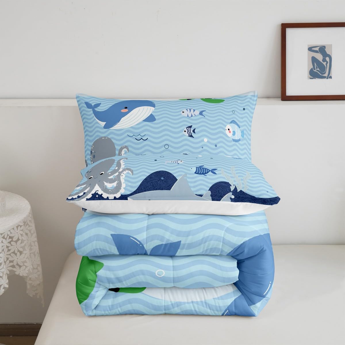 Homewish Shark and Whale Comforter Set,Cartoon Sea Animal Bedding Set for Kids Girls Women,Adults Octopus Turtle Comforter,Underwater World Quilted Duvet Set Bedroom Collection Twin Size 2Pcs