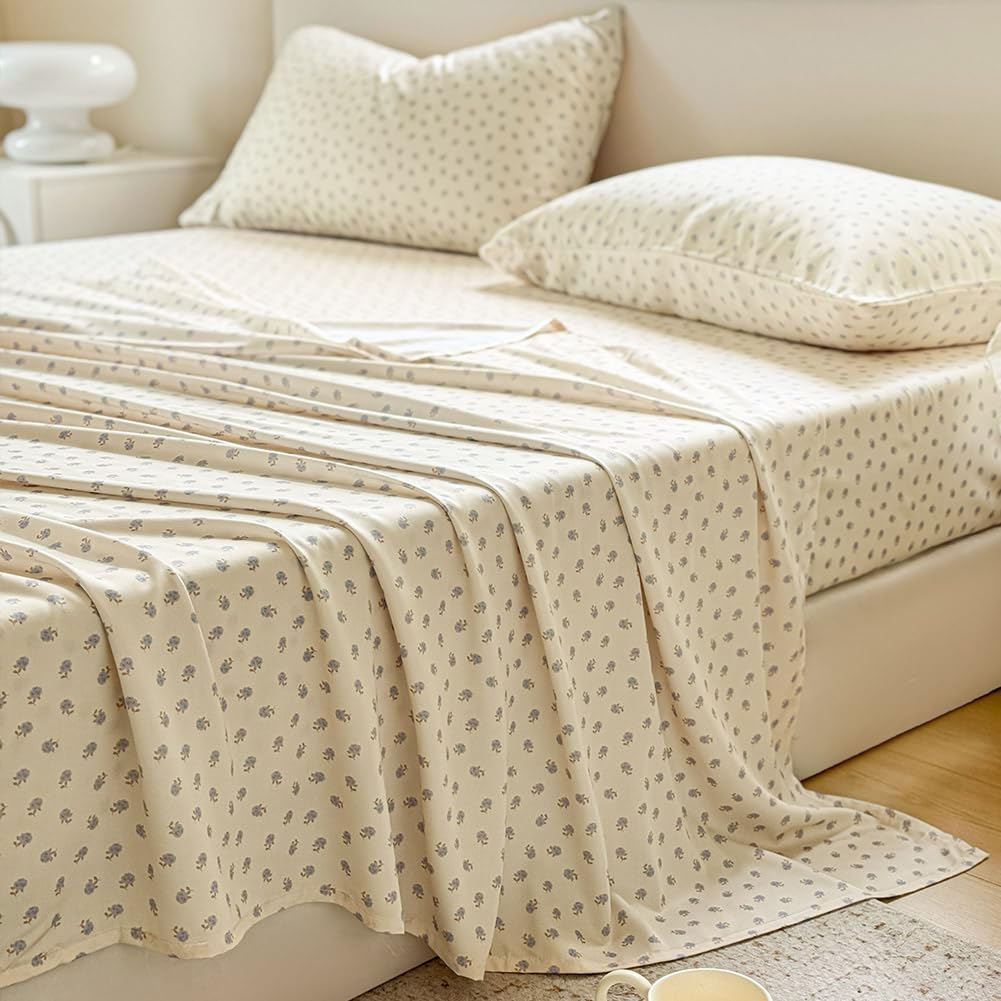 JaTaCa Blue Floral Full Sheet Set, Cooling Boho 100% Viscose Derived from Bamboo Sheets, Silky Bedding for Hot Sleepers, 4-Piece Full Flower Print Bedding Set with Deep Pocket up to 16"
