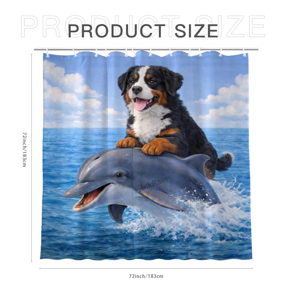 InkRain Ocean Bernese Mountain Shower Curtain with 12 Hooks Cute Puppy Riding Dolphin Bathroom Decor Waterproof Polyester Fabric Coastal Beach Bath Curtain 72x72 Inch