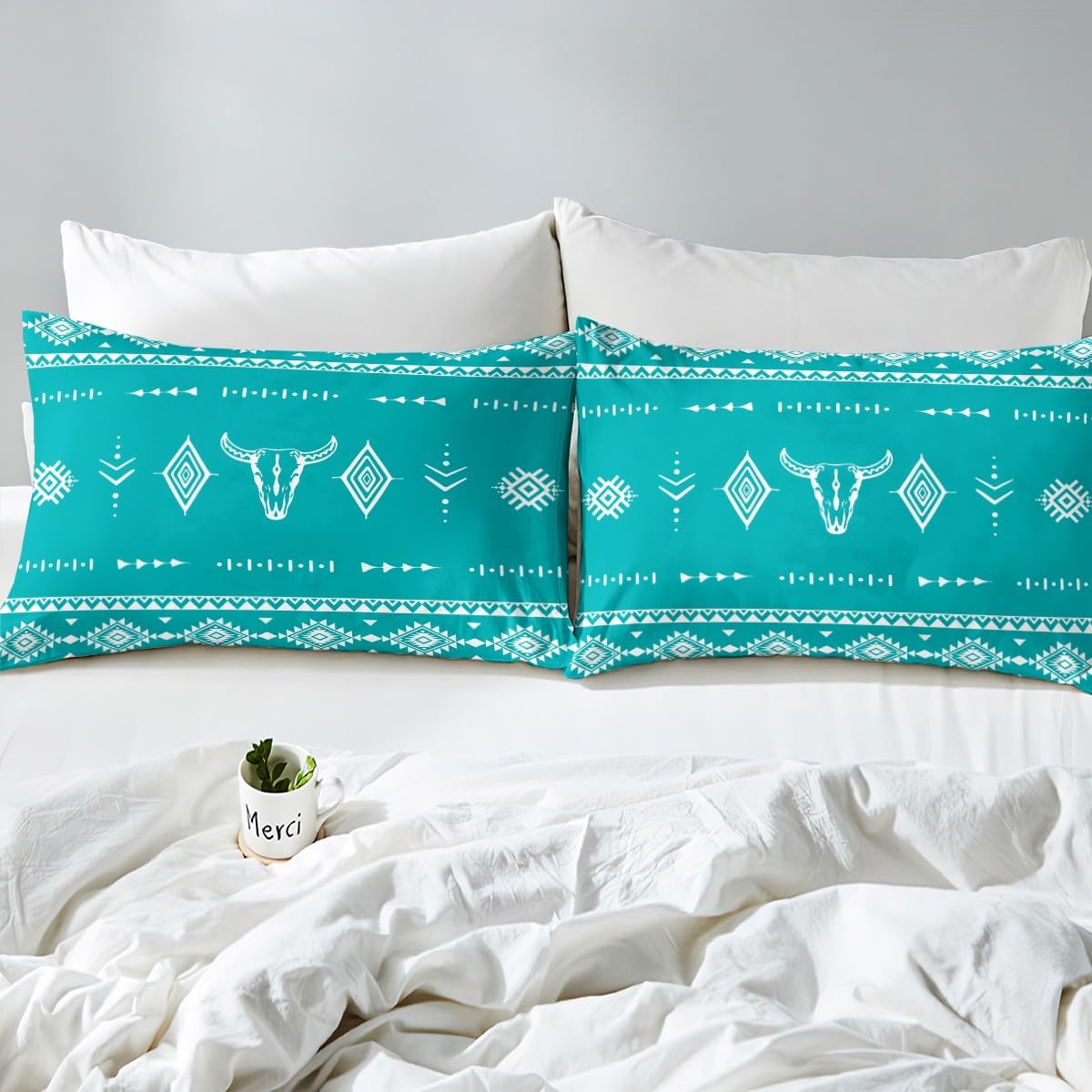 Erosebridal Bull Skull Full Size Bed Sheets Set, Western Cowboy Flat Fitted Sheet for Boys Girls Men Women Room Decor, Southwestern Native Bedding Set, Boho Aztec Ethnic Horns Bed Sets