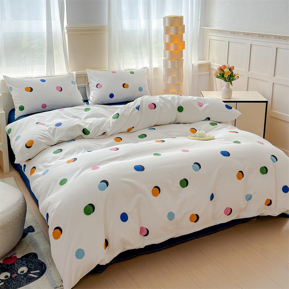 LIWHENHAO Polka Dot Duvet Cover Set Queen 100% Cotton Bedding Blue Green Pink Orange Polka Dots on White 1 Modern Abstract Geometric Comforter Cover Full 2 Pillowcases for Kids Girls Boys Woman