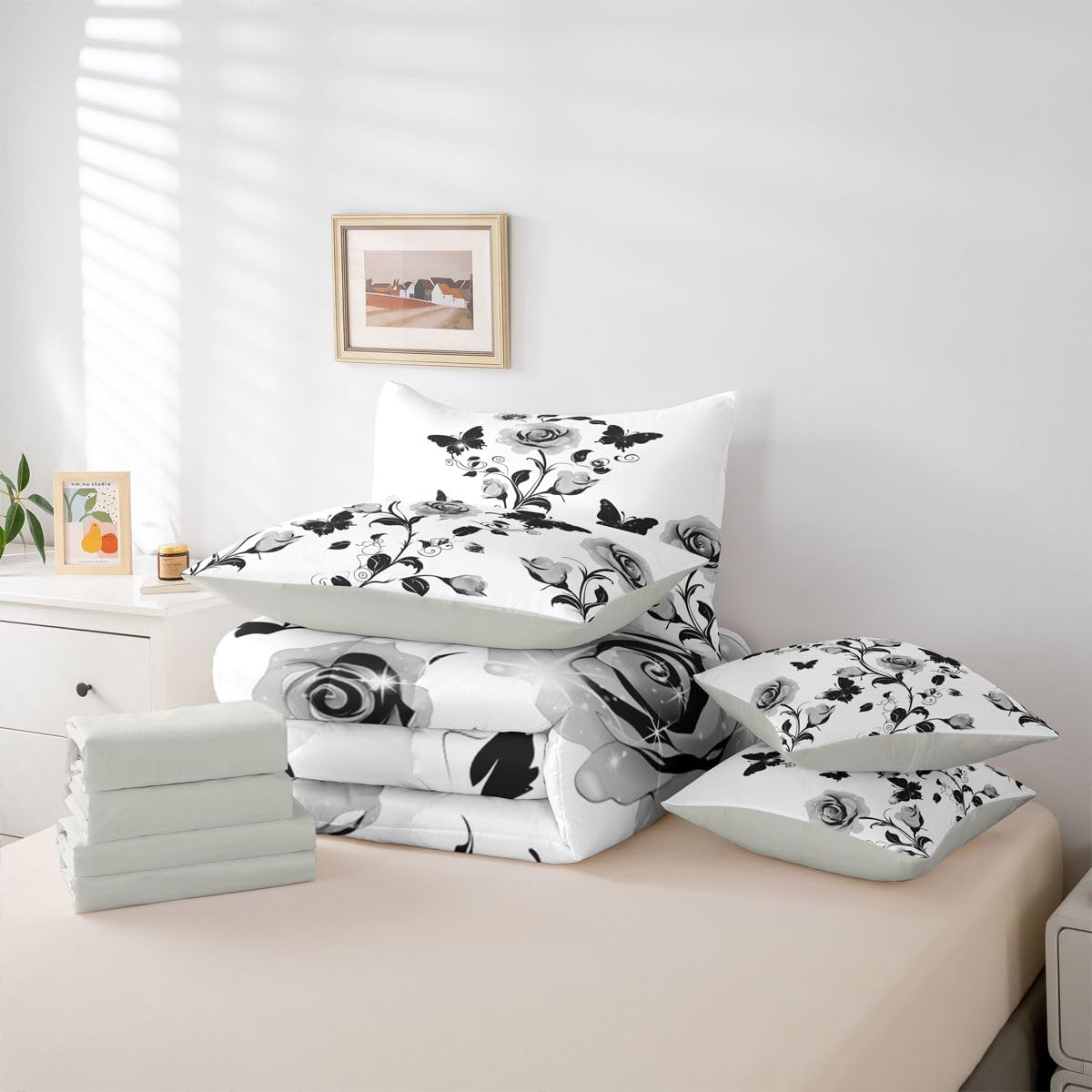 Erosebridal Rose Comforter Sets with Sheets - Romantic Roses Bedding Set Full for Boys Girls Flower Pattern 7Pcs Bed in A Bag Watercolor Silver Grey Bed Set