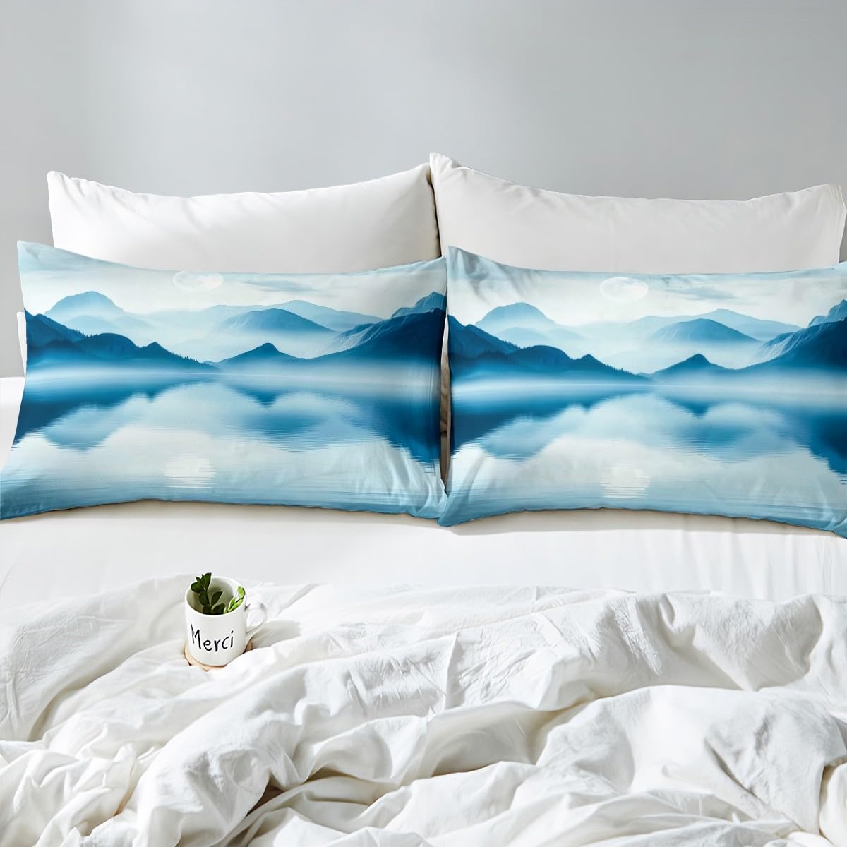 Feelyou Smoky Mountain Bedding Sheets Full Foggy Scenic Bed Sheet Set for Adult Kids Teal Blue Fitted Sheet Natural Landscape Bed Cover 3Pcs,1 Fitted Sheet+2 Pillow Sham（No Flat Sheet）