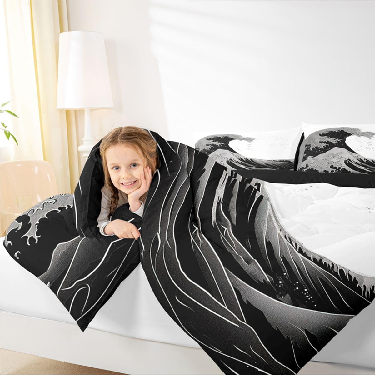 jejeloiu Black and White Wave Kids Comforter Set Queen Size Japanese Style Bedding Set Ocean Wave Duvet Quilt for Kids Boys Girls Bedroom Decor Microfiber Ultra Soft Breathable