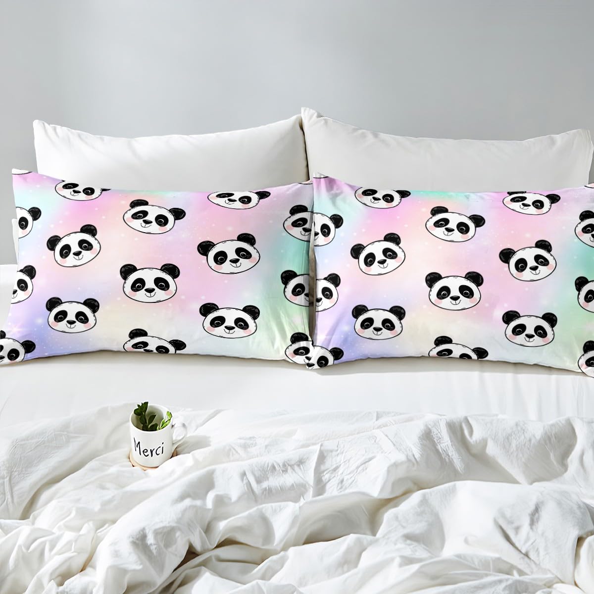 Cute Panda Sheet Set for Princess,Gold Stars Rainbow Bed Sheets Full,Tie Dye Pastel Bedding Set Home Room Decor,Girly Glitter Starry Sky Panda Animal Fitted Sheet + Top Sheet + 2 Pillowcases