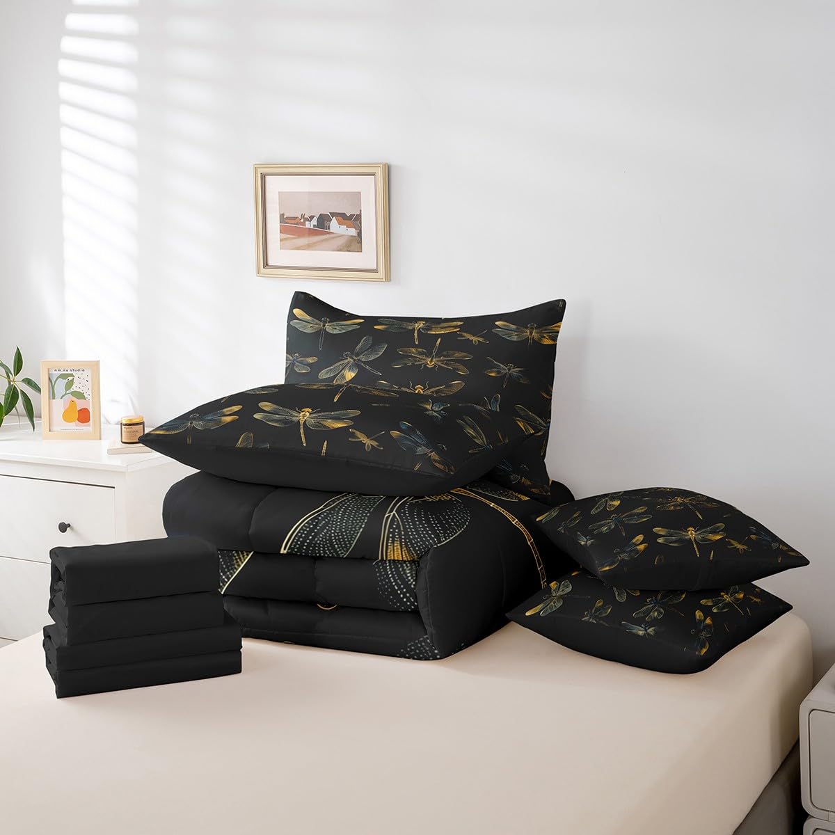 Erosebridal Ombre Dragonflies Bed in a Bag,Gradient Dragonfly Comforter Set Queen,Flying Insects Wildlife Animal Bedding Set 7Pcs