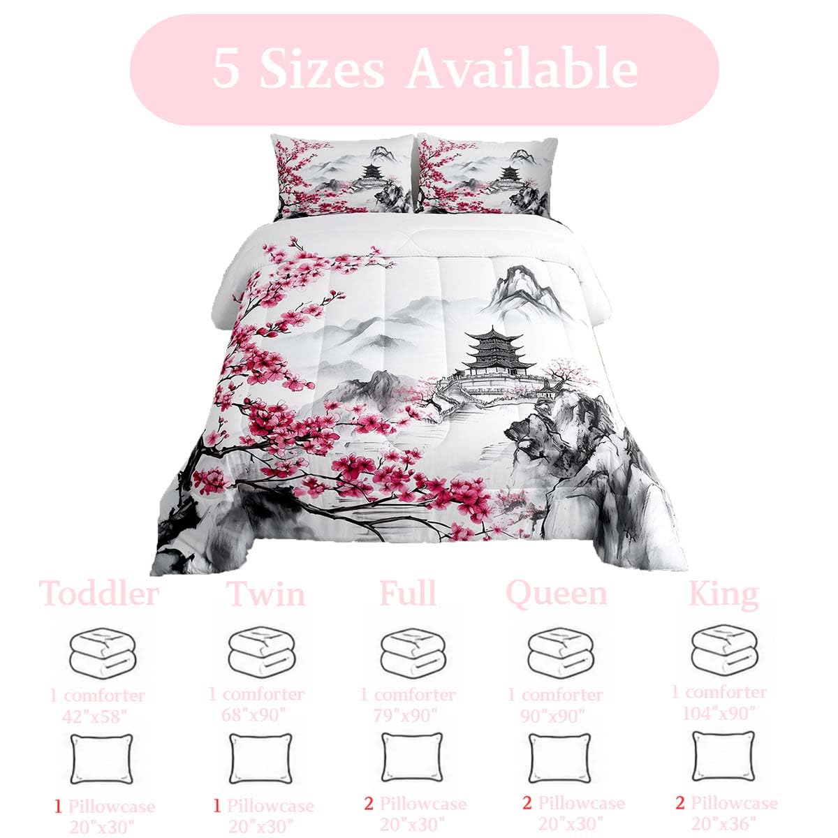 jejeloiu Chinese Ink Painting Comforter Set Queen Size Japanese Style Bedding Set for Kids Boys Girls Cherry Blossom Duvet Quilt Mountain Bedroom Decor Microfiber 3 Pcs with 2 Pillow Cases