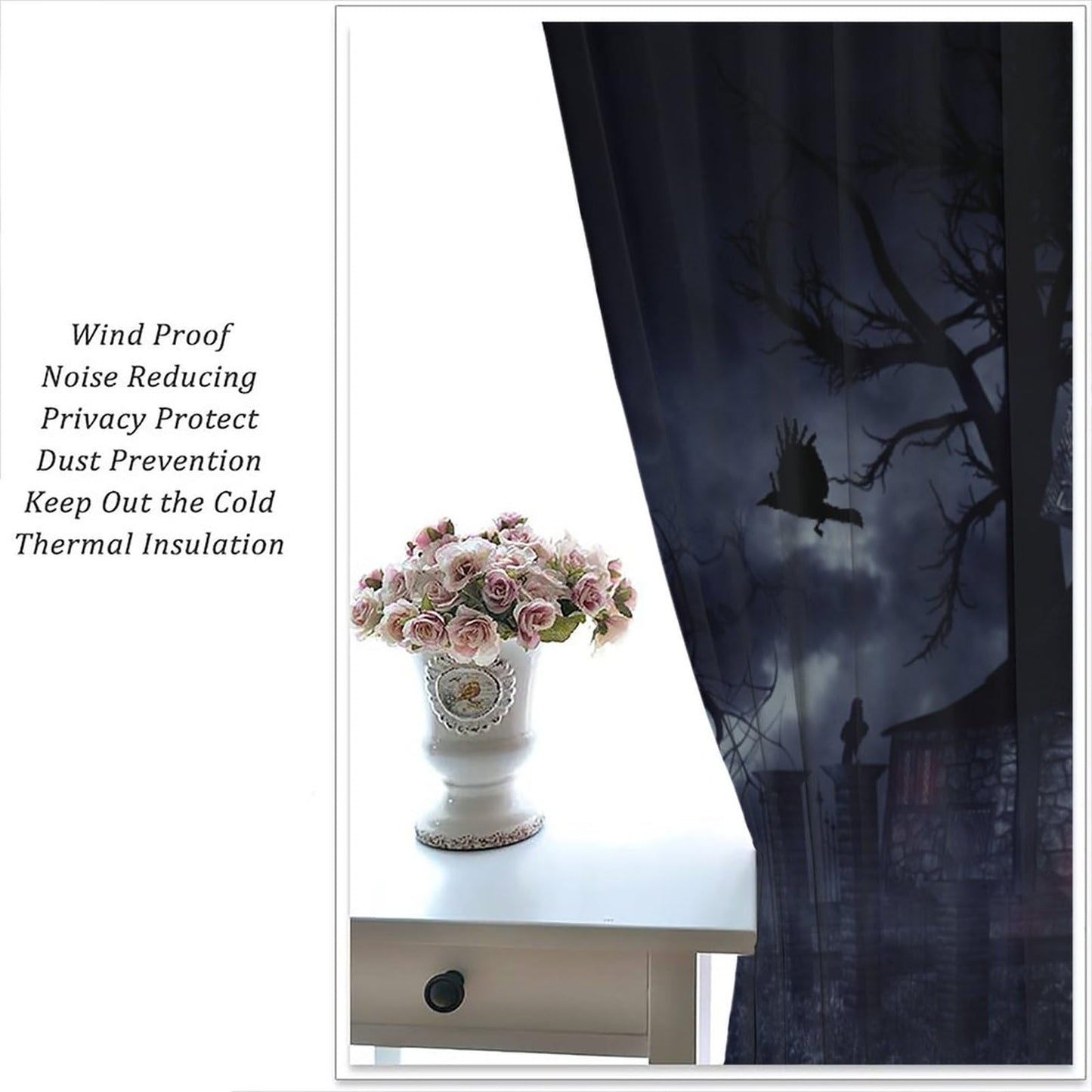 DDCBNS Gothic Curtains,Dark Forest Crow Black Raven Window Treatments for Bedroom Living Room Kitchen Horror Halloween Window Drapes 2 Panel Set,Total Size 42 x 45 Inch