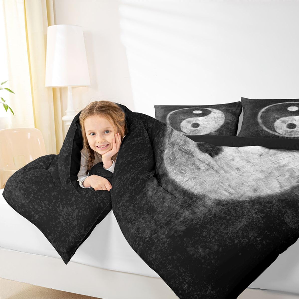 Feelyou Yin Yang Bedding Set for Girls Boys Children Boho Trippy Psychedelic Art Comforter Set Decorative Gossip Pattern Comforter Traditional Ying Yang Theme Duvet Set Twin Size 2Pcs
