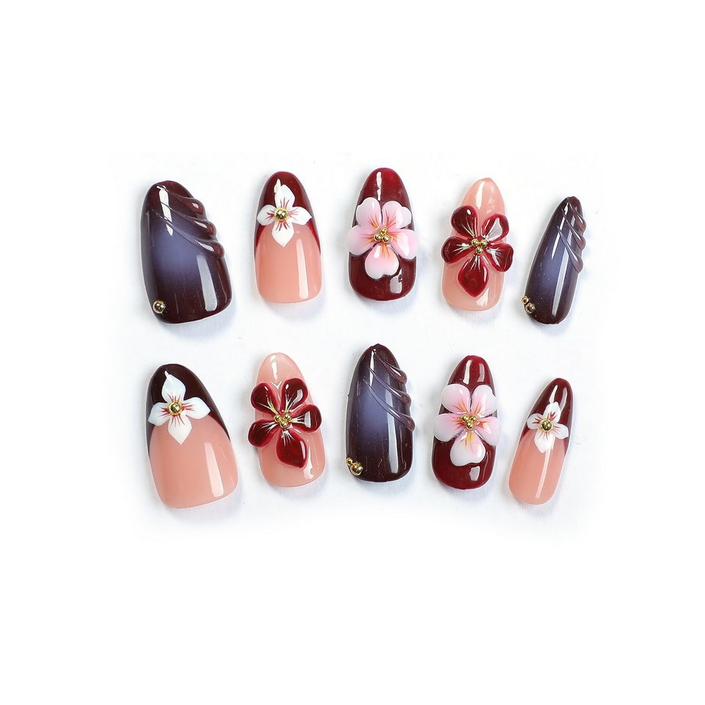 Flower Press on Nails Handmade Press on Nails 3D Floral Embossed and Golden Steel Ball Designs Medium Almond Fake Nail French False Nails Thick Acrylic Nail Stick on Nails for Women（Size S)