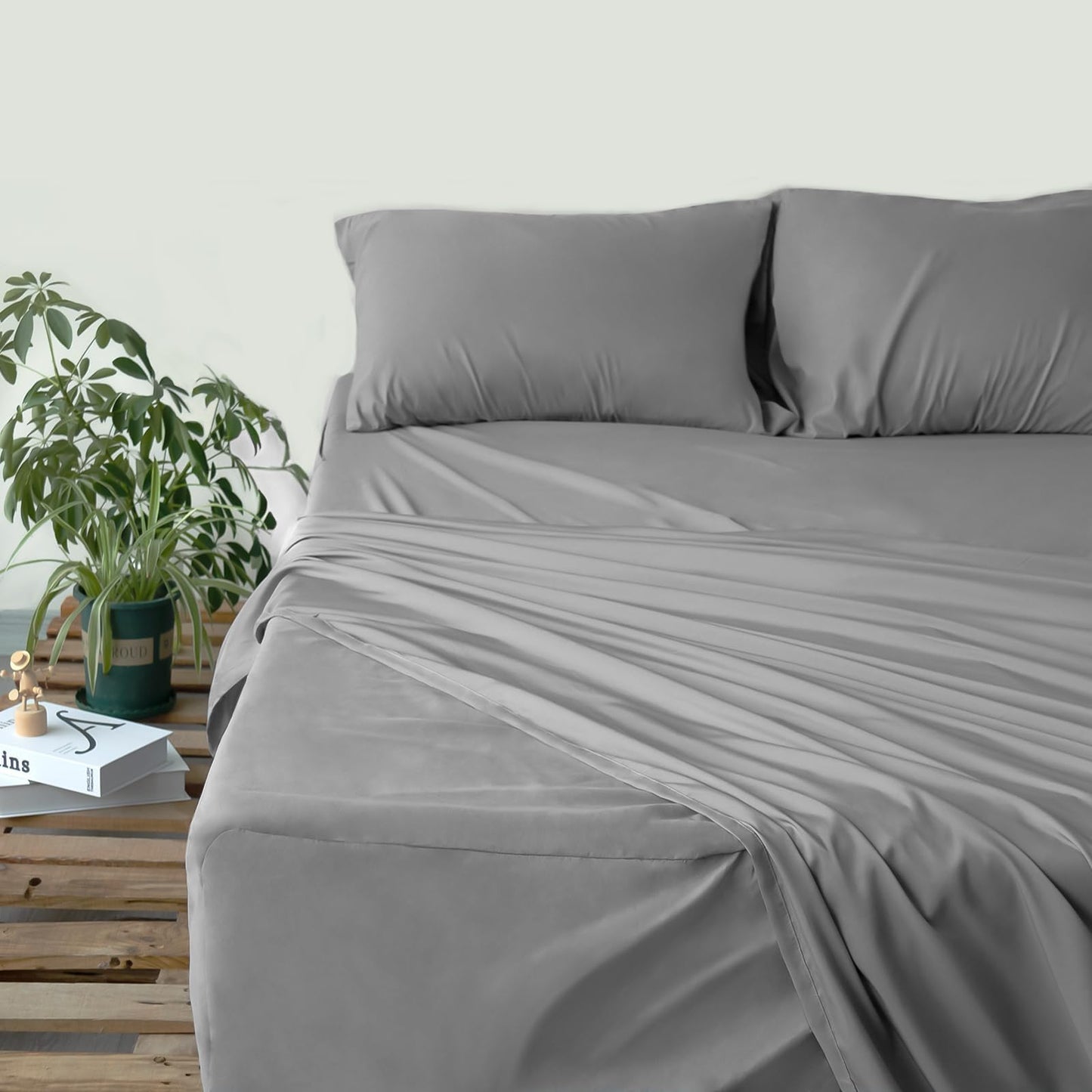 Moonsea Air Mattress Queen Sheet Set Deep Pocket Queen Sheets - 4 Piece Bed Sheets Queen Size Fade Resistant Fits 16in to 24in Pillow Top Air Bed Mattress - Grey