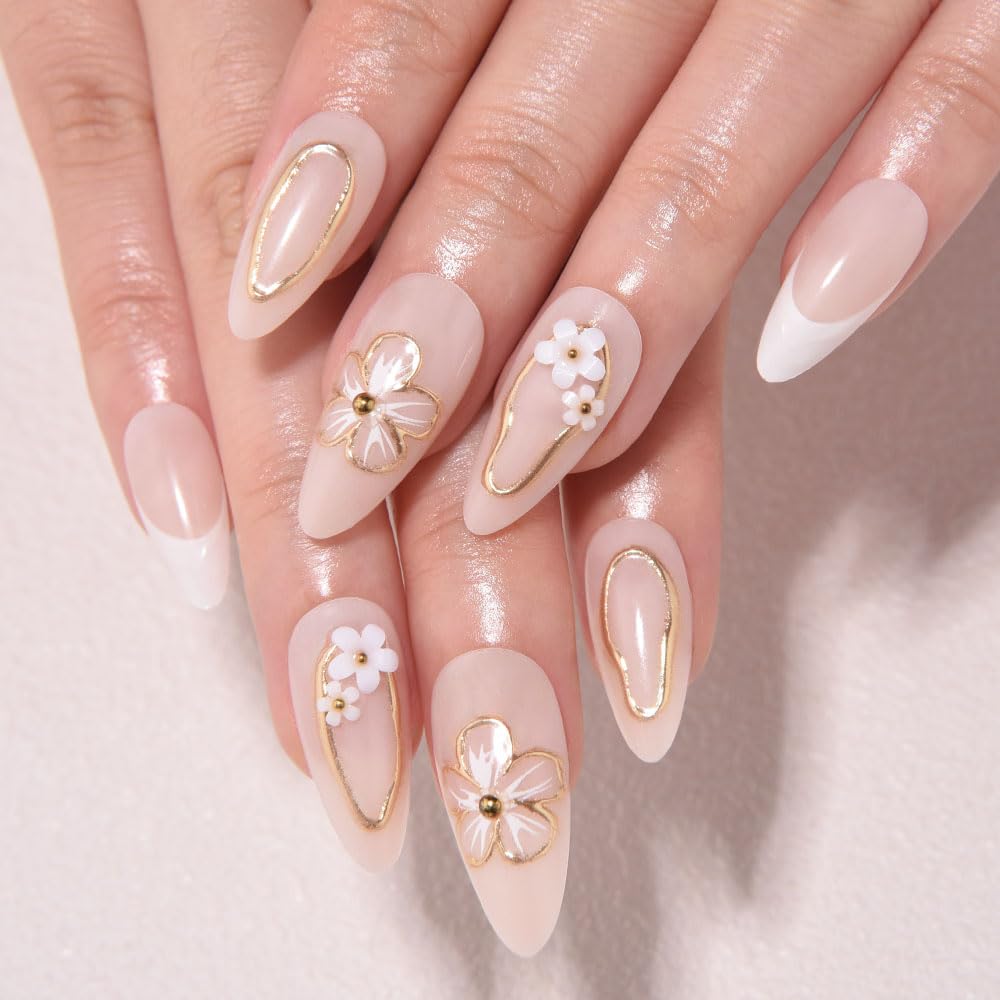 evpct 3D Flower French Press on Nails Medium Almond No Glue, White French Tip Gold Line Stick on Nail for Women Gift with Kit, Reusable Full Cover Soft Press on Fake Nail with 3D Floral Design
