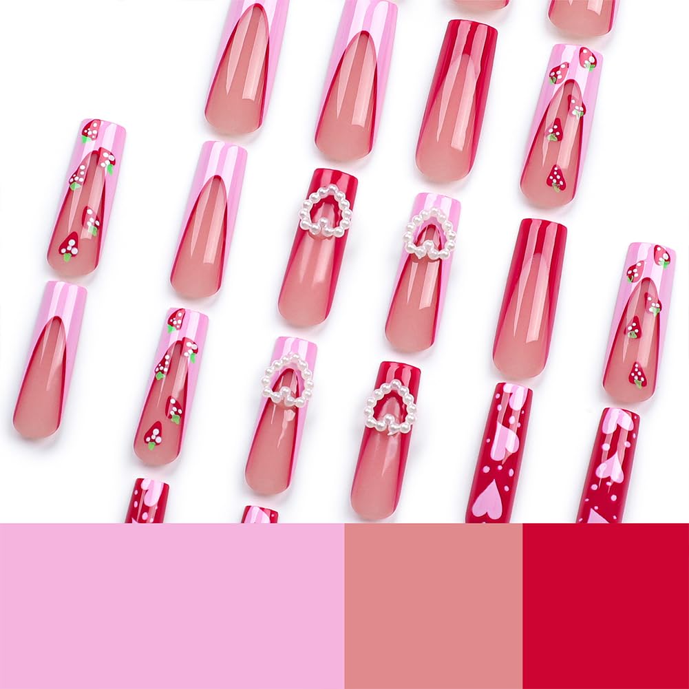 Valentines Nails - Long Press On Nails Coffin Fake Nail With 3D Heart Pearl Strawberry Designs Pink French Acrylic Artificial Glue On False Nail Press Ons Stick On Nails for Women Girls