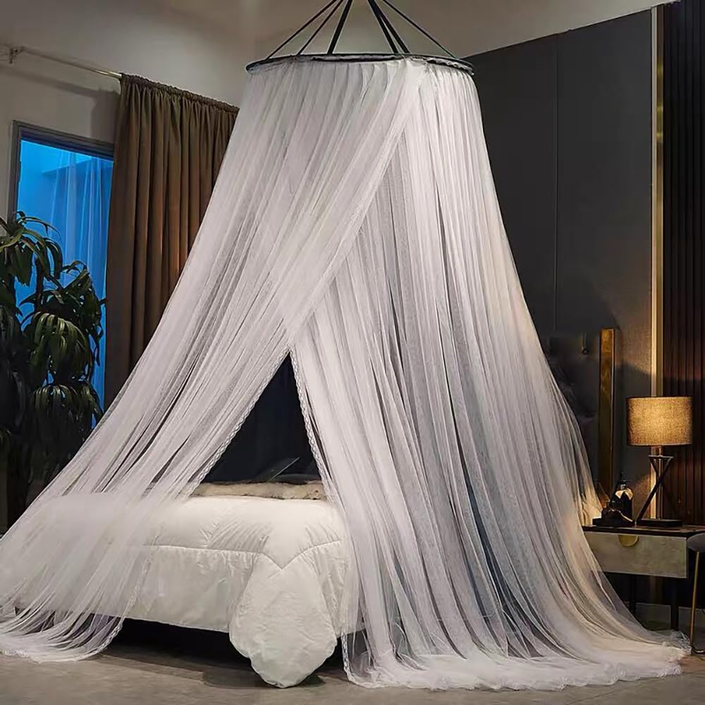 Vilemoon Bed Canopy for Girls & Adults, Round Dome Lace Princess Canopies Netting, Elegant Double Layer Bed Canopy Drapes for Decoration, Playing,Reading,Sleepping (Gray)