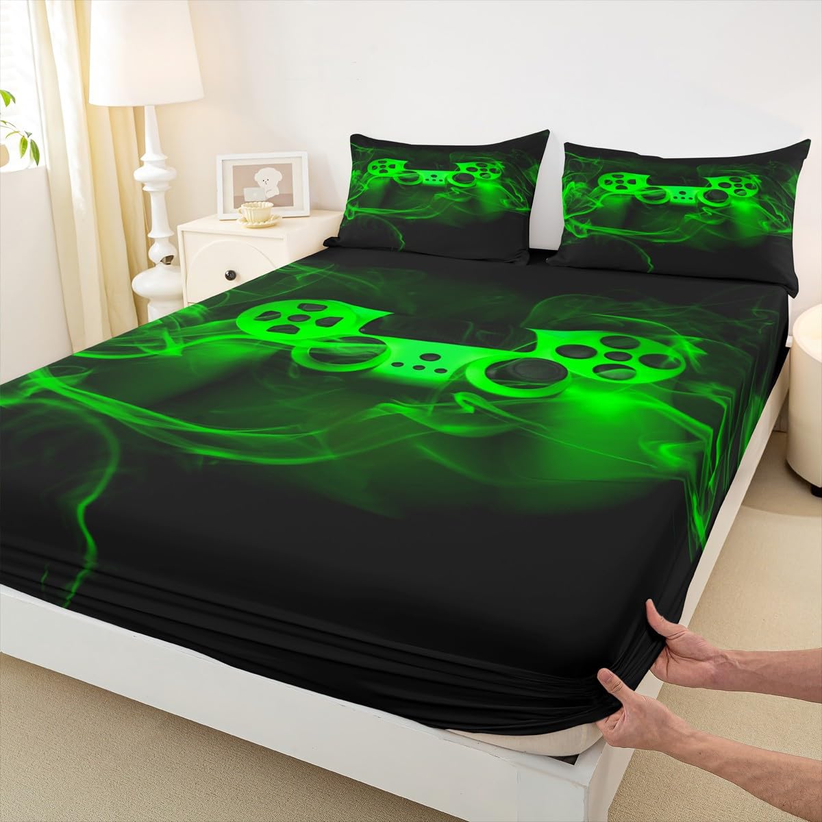 Gamer Fitted Sheet Set Twin Size for Boys Gaming Fitted Bed Sheets for Kids Boys Gamer Room Decor Black Green Smoky Gamepad Games Deep Pocket Trippy Geometric No Top Flat Sheet with 1 Pillow Case