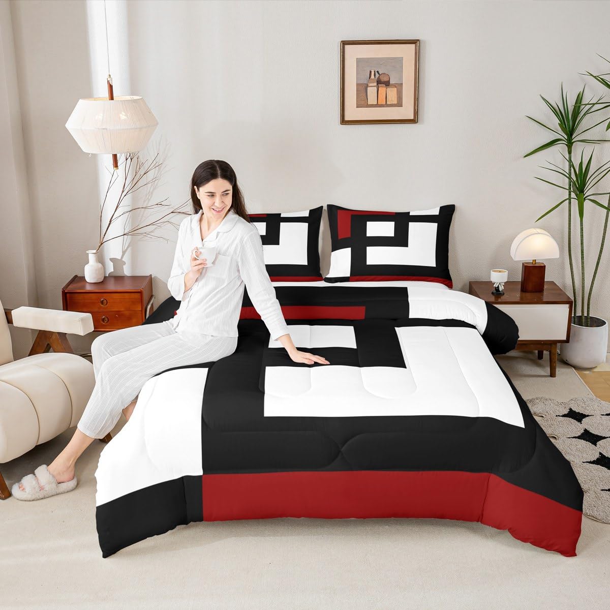 Erosebridal Red Black and White Striped Queen Comforter Set for Adult Women Men Square Abstract Bedding Set Modern Geometric Stripes Bold Lines Bed Set Minimalist Stylish Plaids Quilt Set