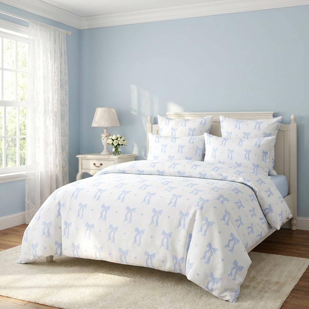 Sedefen Blue Bow Duvet Cover, 3 Pieces Cute Heart Pattern Bedding Set, Reversible Coquette Aesthetic Bowknot Love Printed Duvet Cover Set for Girls Bedroom, All Season