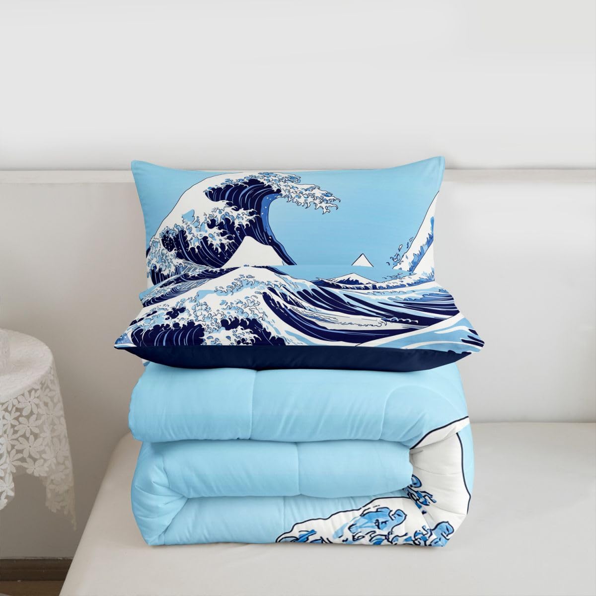 jejeloiu Wave Comforter Set All Season Ocean Wave Bedding Set with 2 Pillow Cases Abstract Microfiber Kids Queen Bedclothes Japanese Style Bedroom Decor Duvet Quilt Breathable Soft Lightweight