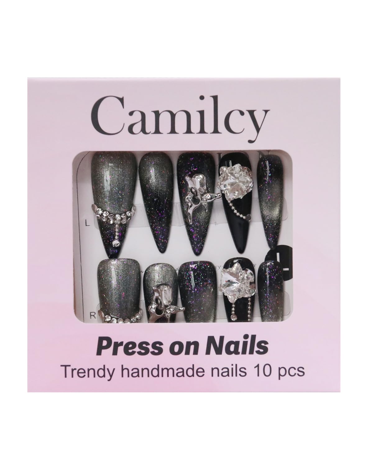 CAMILCY Handmade Luxury Press On Nails Black Silver Gradient Cat Eye Fake Nails Rhinestone 3D Charms Long Stiletto Glitter Acrylic Nail Tips Quality Reusable Gothic False Nails for Women (B03, M)