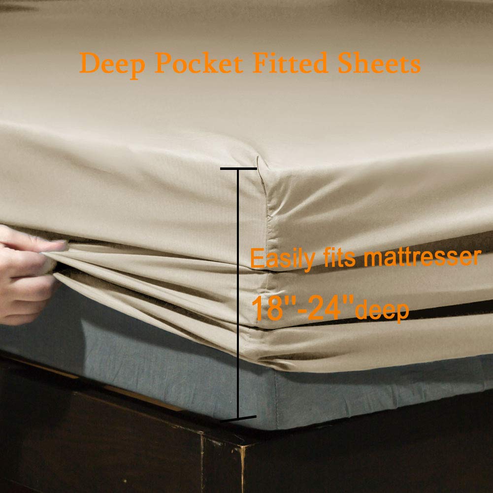 SONORO KATE Bed Sheet Set Super Soft Microfiber 1800 Series Luxury Egyptian Sheets Fit 18-24 Inch Deep Pocket Mattress Wrinkle-6 Piece (Beige, Queen)