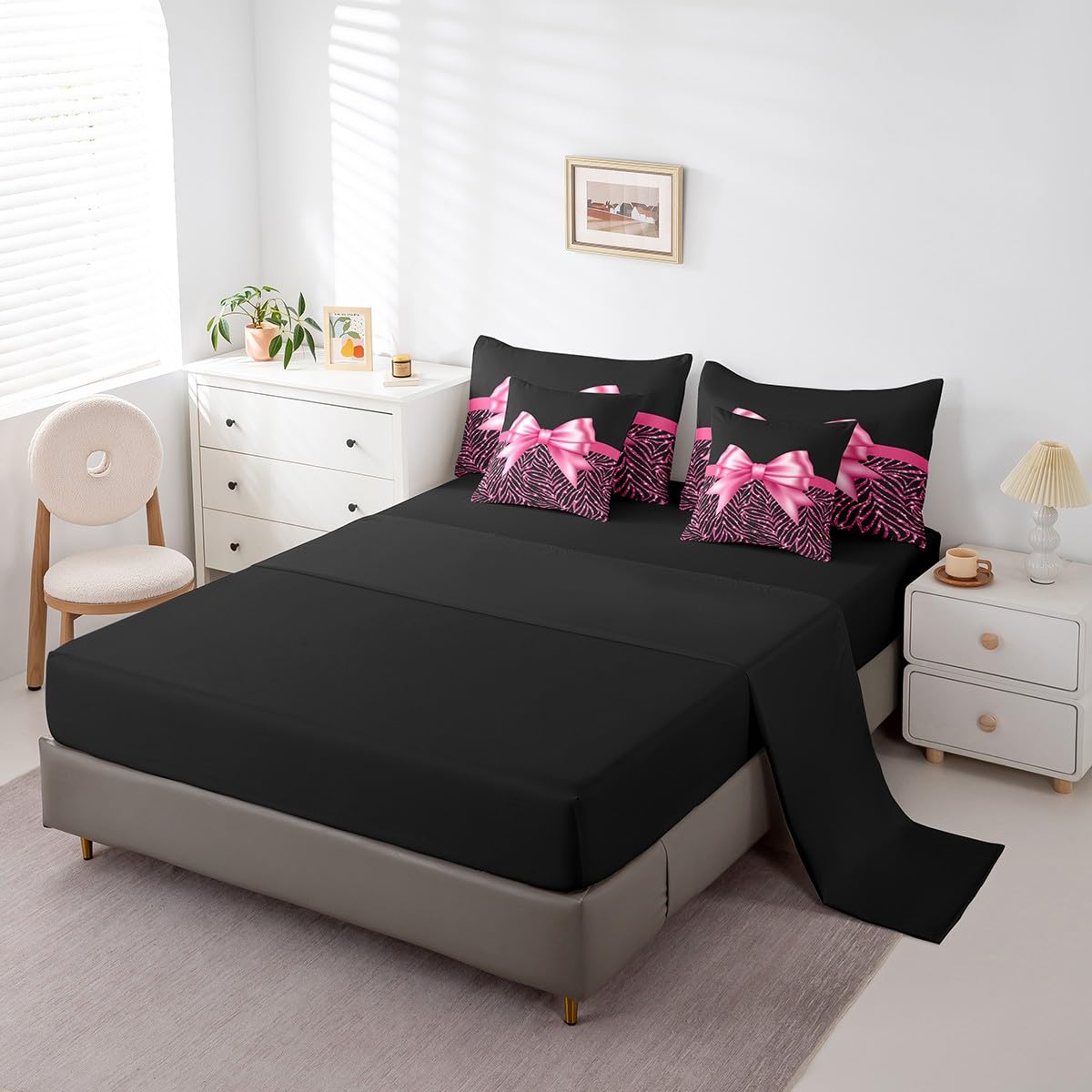 Feelyou Pink Bowknot 7 Piece Bedding Set Queen Size Glitter Print Comforter Set with Sheets for Kids Girls Adult Cute Bowknot Bed in a Bag Black Silver Bed Set