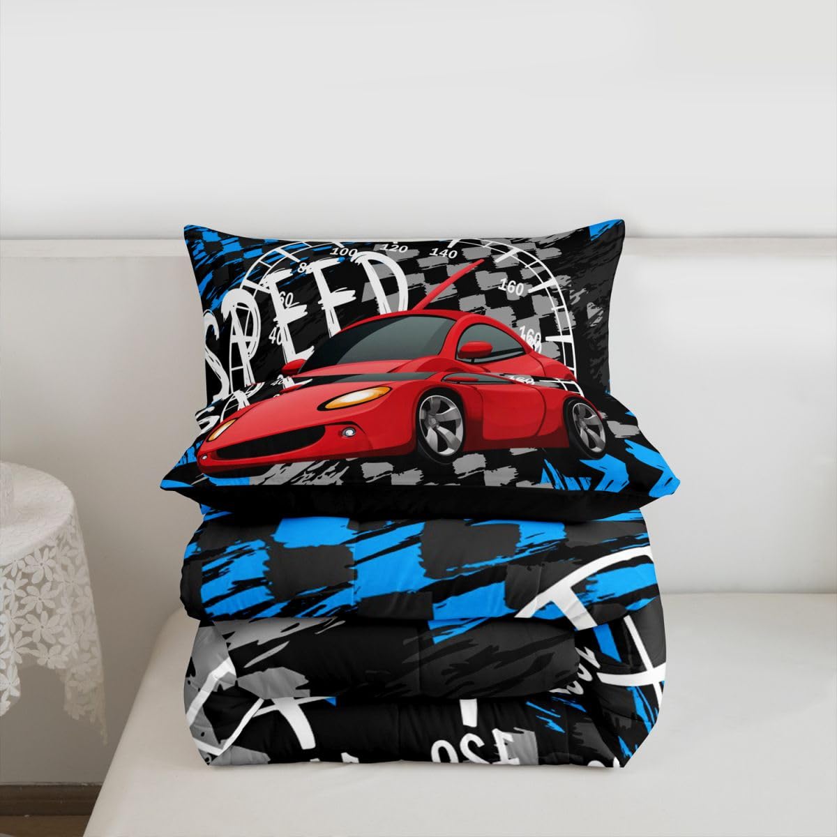 Feelyou Boys Race Car Bedding Set Cool Race Sports Car Set Comforter Set for Kids Boys Sports Theme Duvet Set Checkered Comforter Red 1 Comforter Set with 2 Pillowcases Full Size