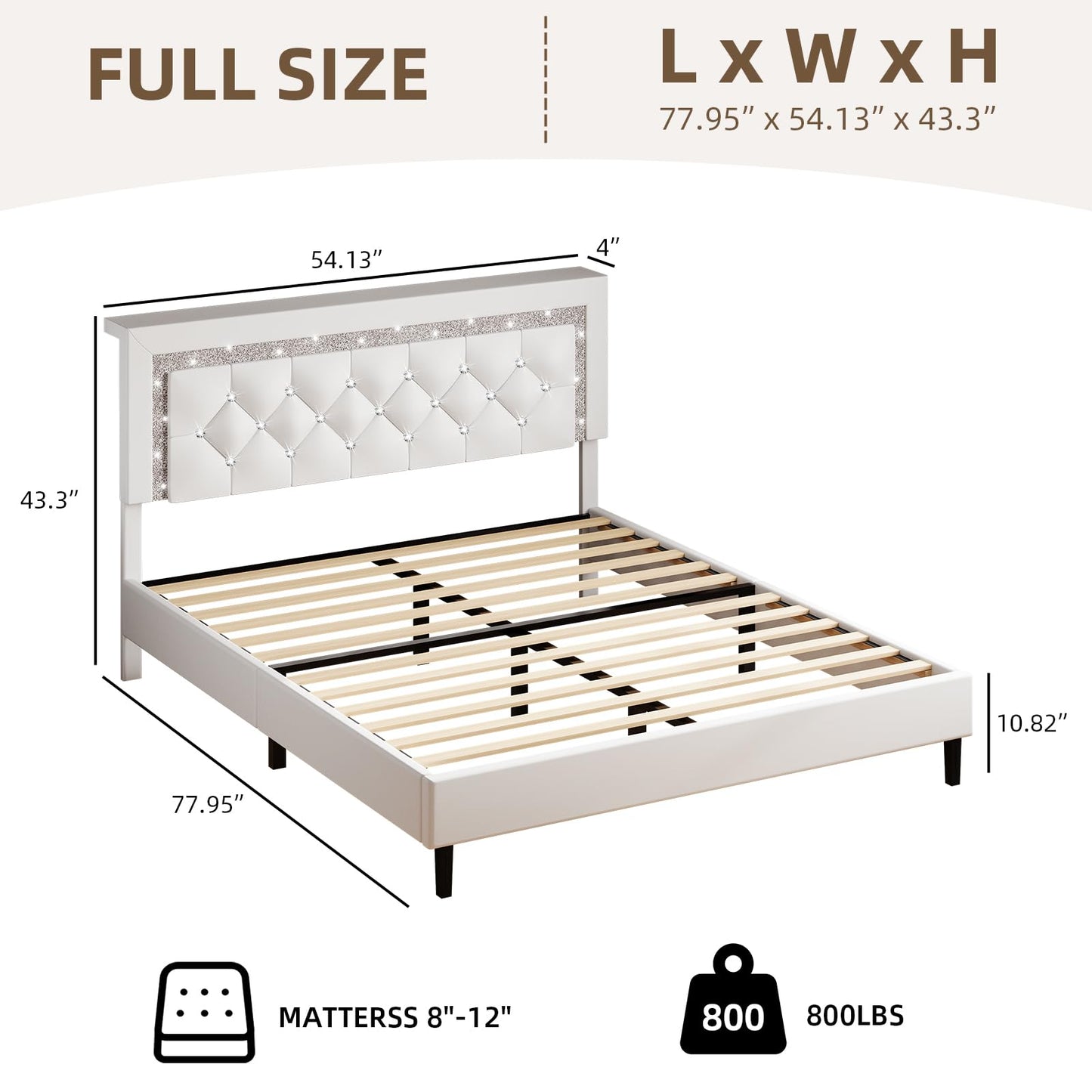 BarnFurin Full Size Bed Frame with Storage Headboard, Full Size Bed Frame with Headboard Diamond Tufted and LED Lights, Wooden Slats Support, Noise Free, No Box Spring Needed, Easy Assembly, White