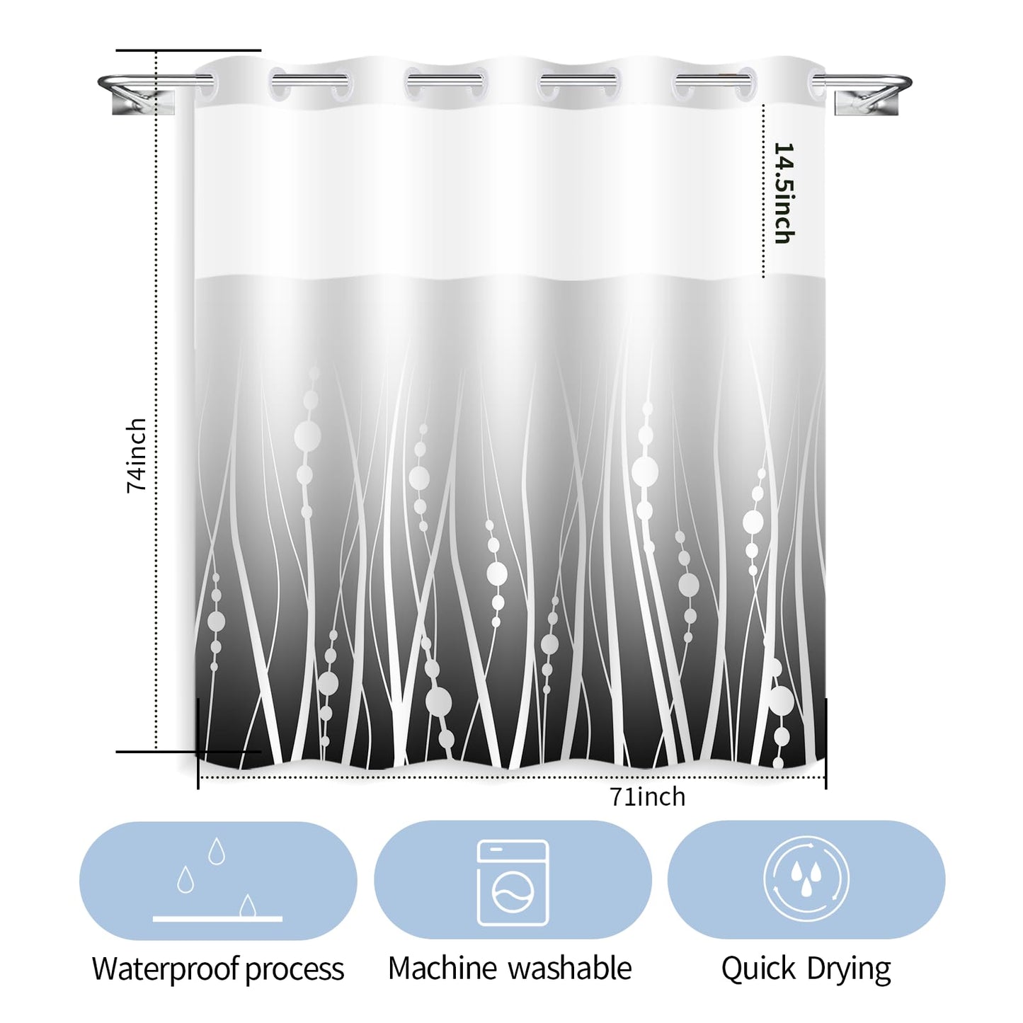 Pksoiil No Hook Stripe Shower Curtain and Liner Set Black Grey Gradient Background with White Stripes Hotel Shower Curtain Design 71x74inch