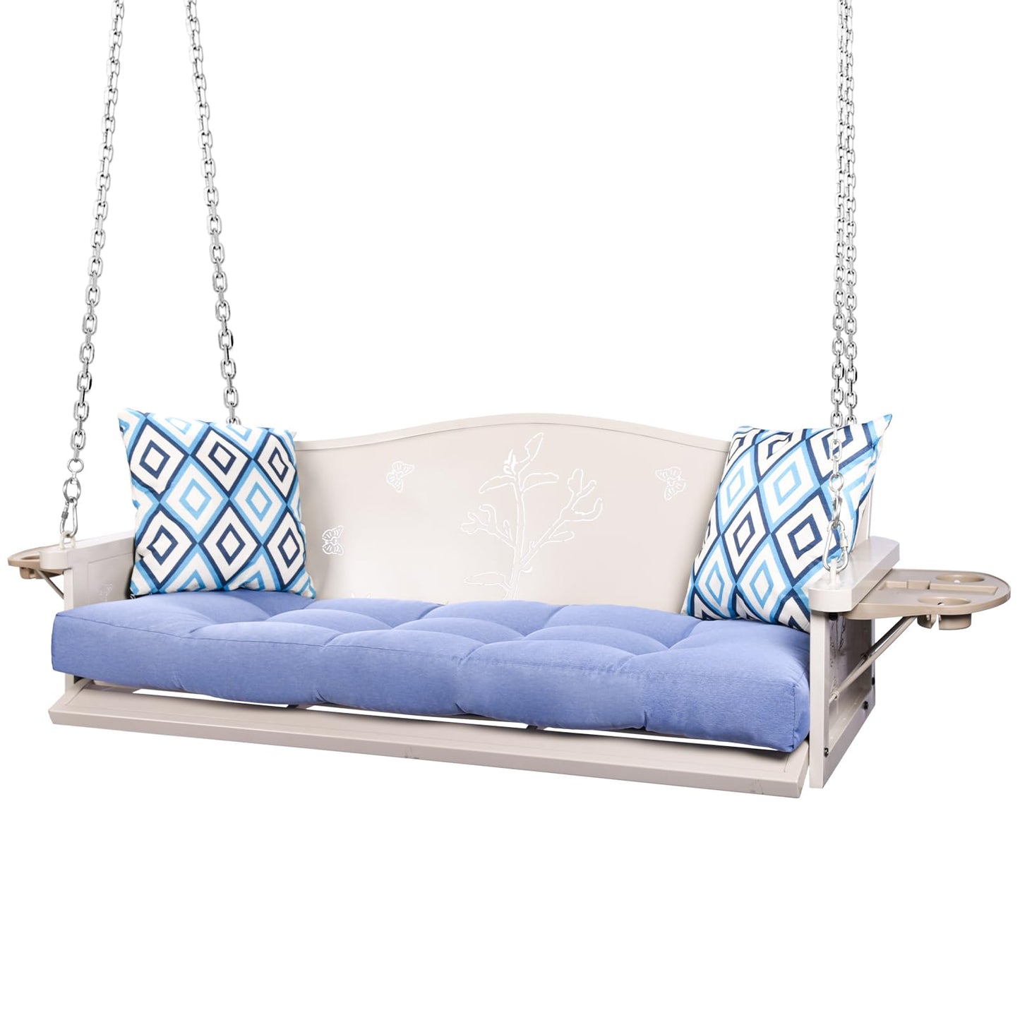 3-Seat Metal Porch Swing 900 LBS Heavy Duty Hanging Bench with Upgraded Tray & Cushions Rust-Resistant Finish Swing Chair with 8.9FT Chains for Patio Lawn Garden