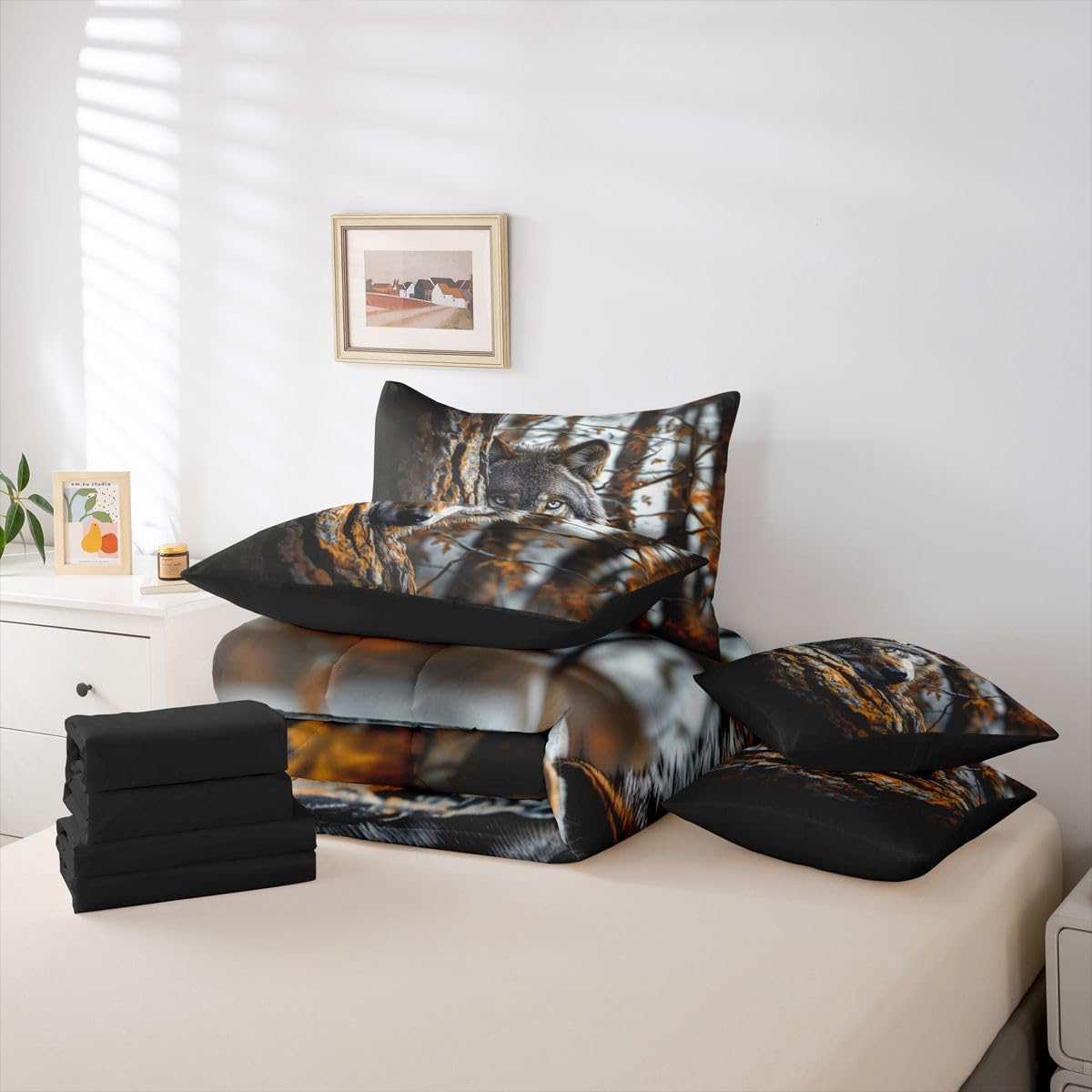 Feelyou Wolf Comforter Set with Sheets 7 Piece Queen Size Wolves Howling Bed in a Bag Kids Boys Girls Western Farmhouse Bedding Set Wild Animal Bedroom Decor Breathable Soft Microfiber