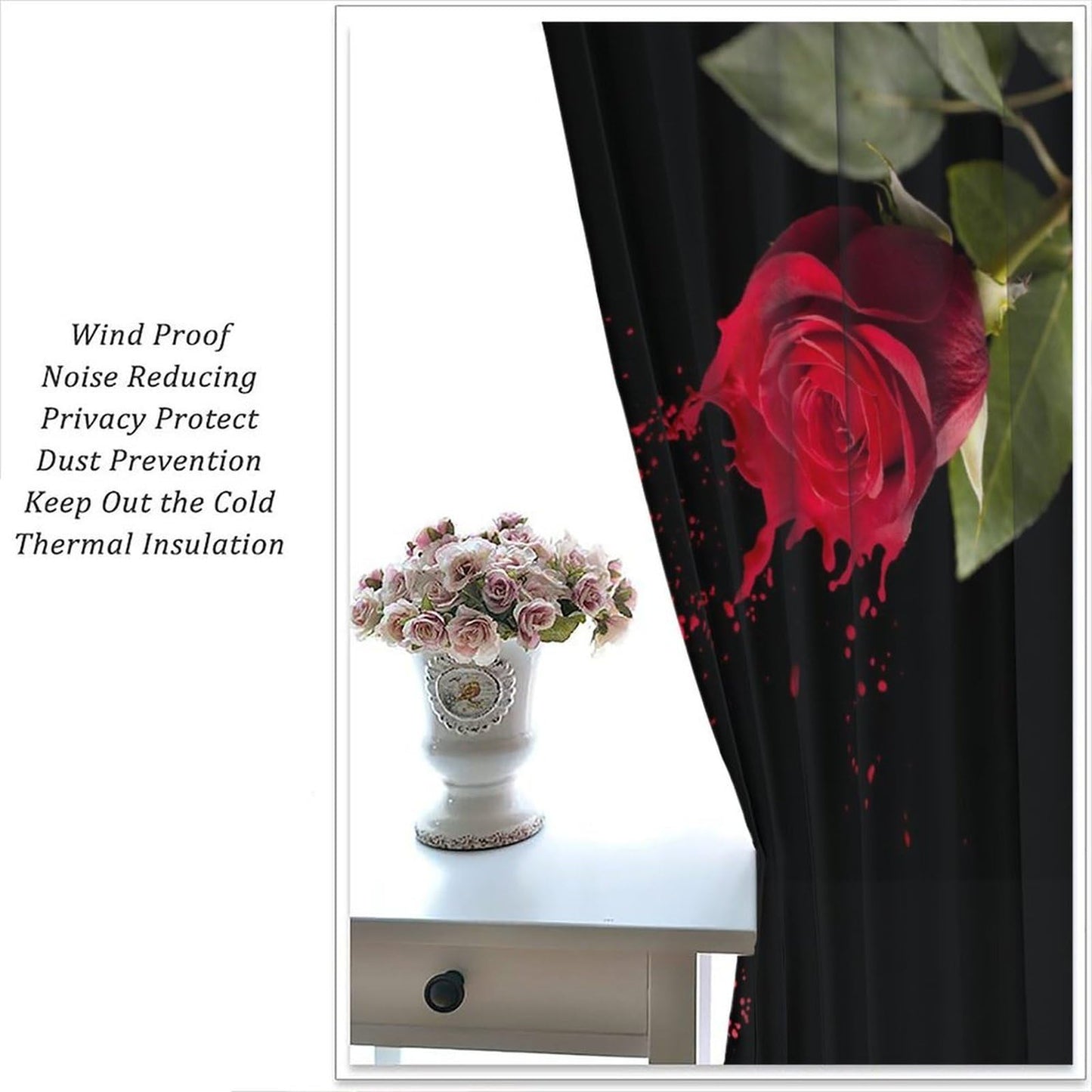 GoDazzling Rustic Romantic Red Rose Curtains, Vintage Floral Leaves Rod Pocket Window Drapes, for Bedroom Living Room 41" W X 45" L (No Blackout)
