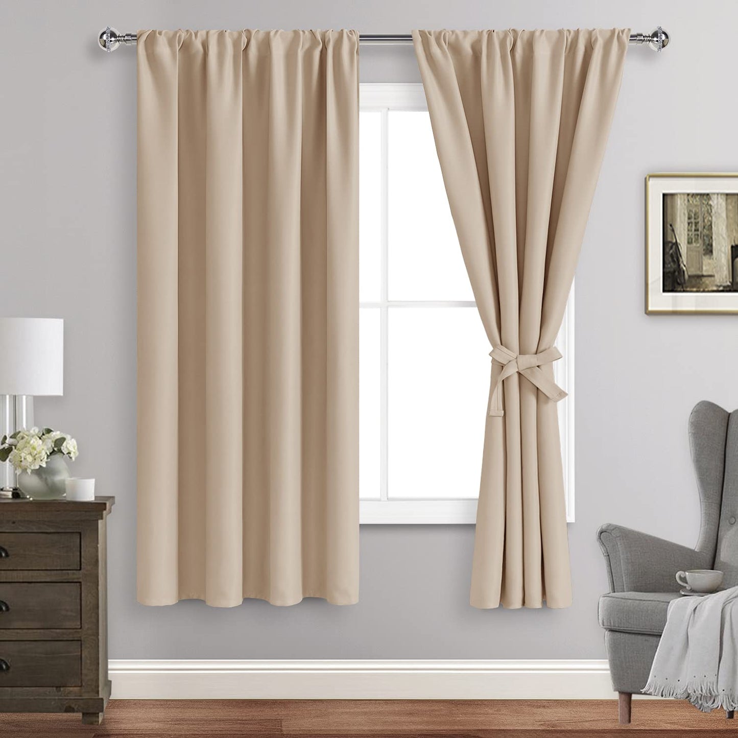 JIUZHEN Blackout Curtains for Bedroom– Thermal Insulated,Noise Reducing Room Darkening Rod Pocket Curtains for Living Room, Set of 2 Panels with Tiebacks, 42 x 63 inch Long, Beige