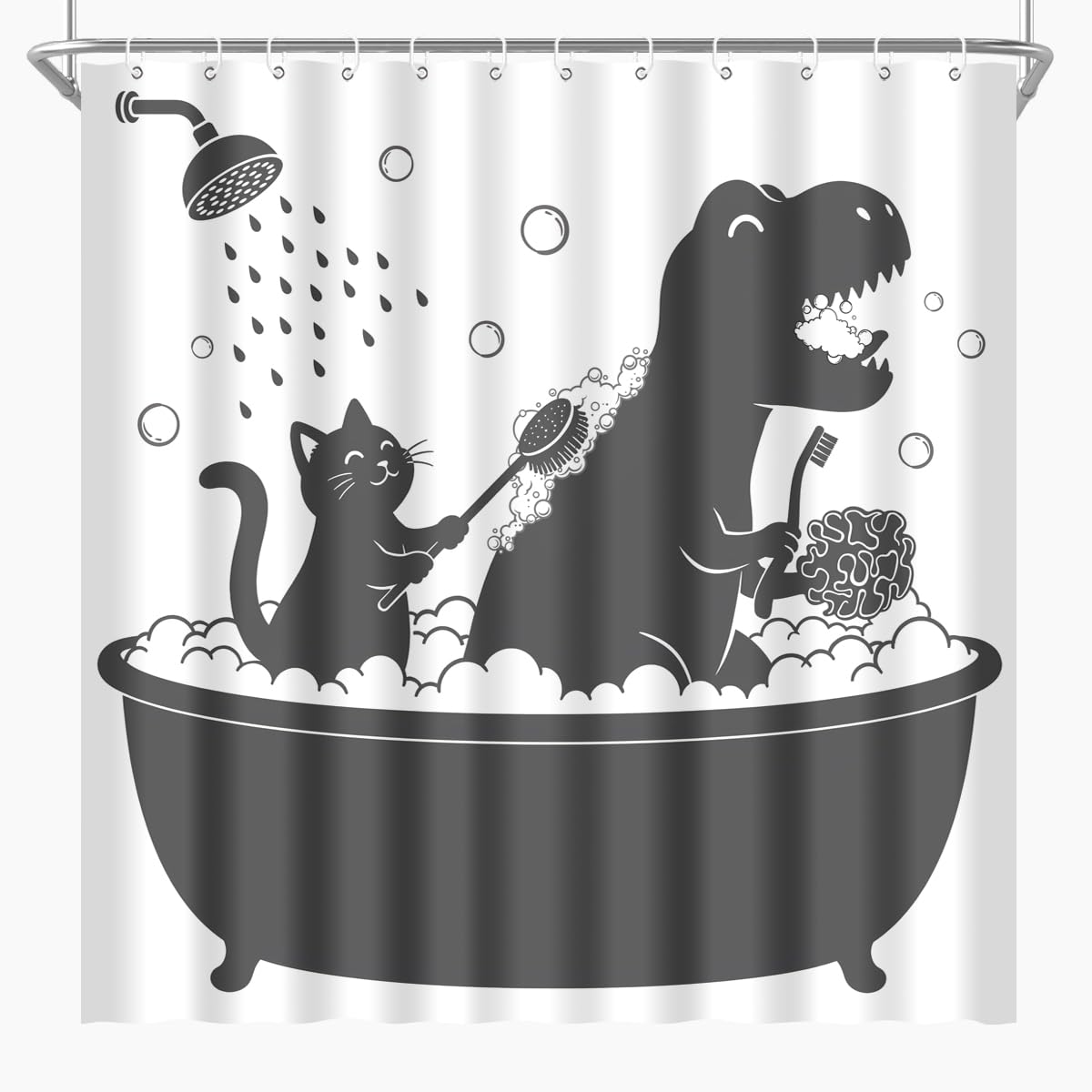 BIYSUC Dinosaur Shower Curtain Funny Dino Cat for Kids Boys Trex Silhouette Animal Shadow Cartoon Black White Bathroom Waterproof Polyester Fabric 72Lx72W Inch with Hooks