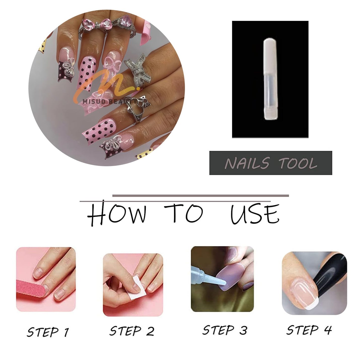 MISUD Press on Nails - Long Square Fake Nails with Pink Yellow, Acrylic Polka Dot Flower Bow Design 24 pcs