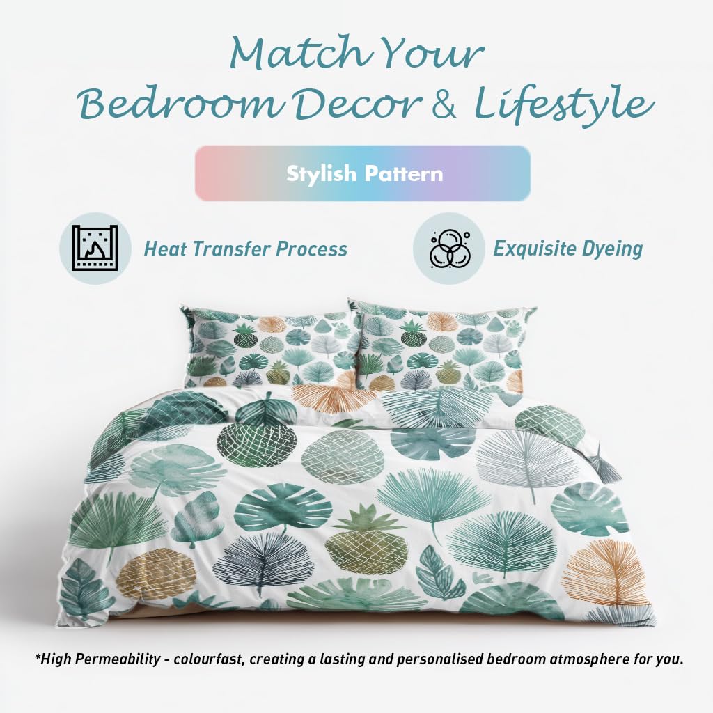 Monstera Palm Leaf Full Duvet Cover Set 3 Piece, Watercolor Tropical Leaves Reversible Bedding with 2 Pillow Shams, Zipper & Ties, Ultra Soft Microfiber, Leaf Bedroom Decorations 44A-K