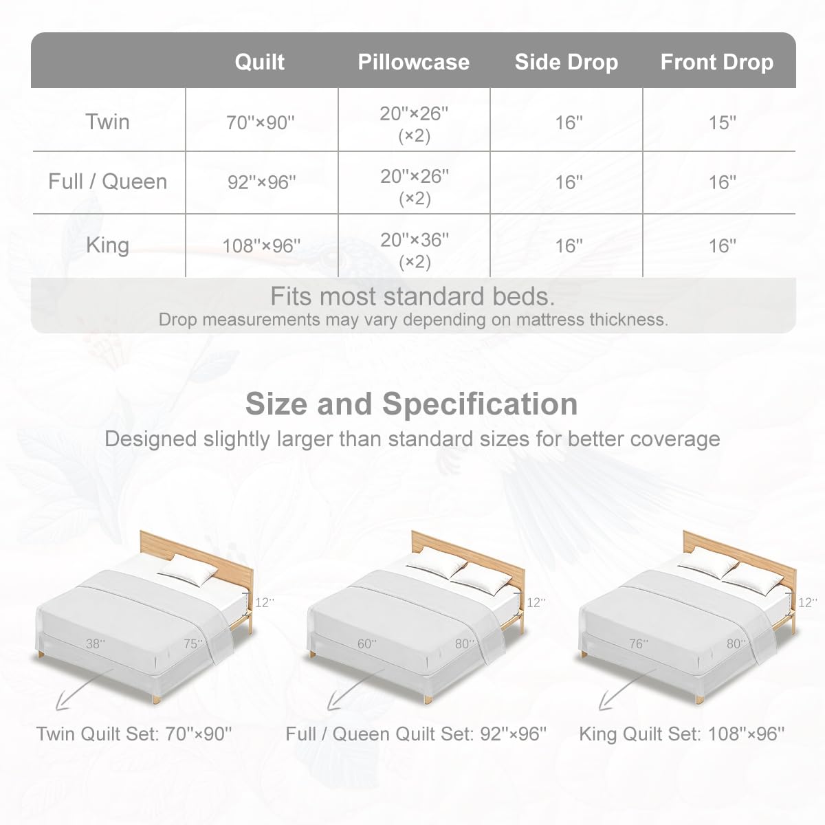 ARIGHTEX Flower Bird Quilt Set Queen Size Minimal Blue Hummingbird Floral Bedding Set Lightweight Botanical Quilt Soft Microfiber Bedspread Modern Coverlet Set with Pillow Shams