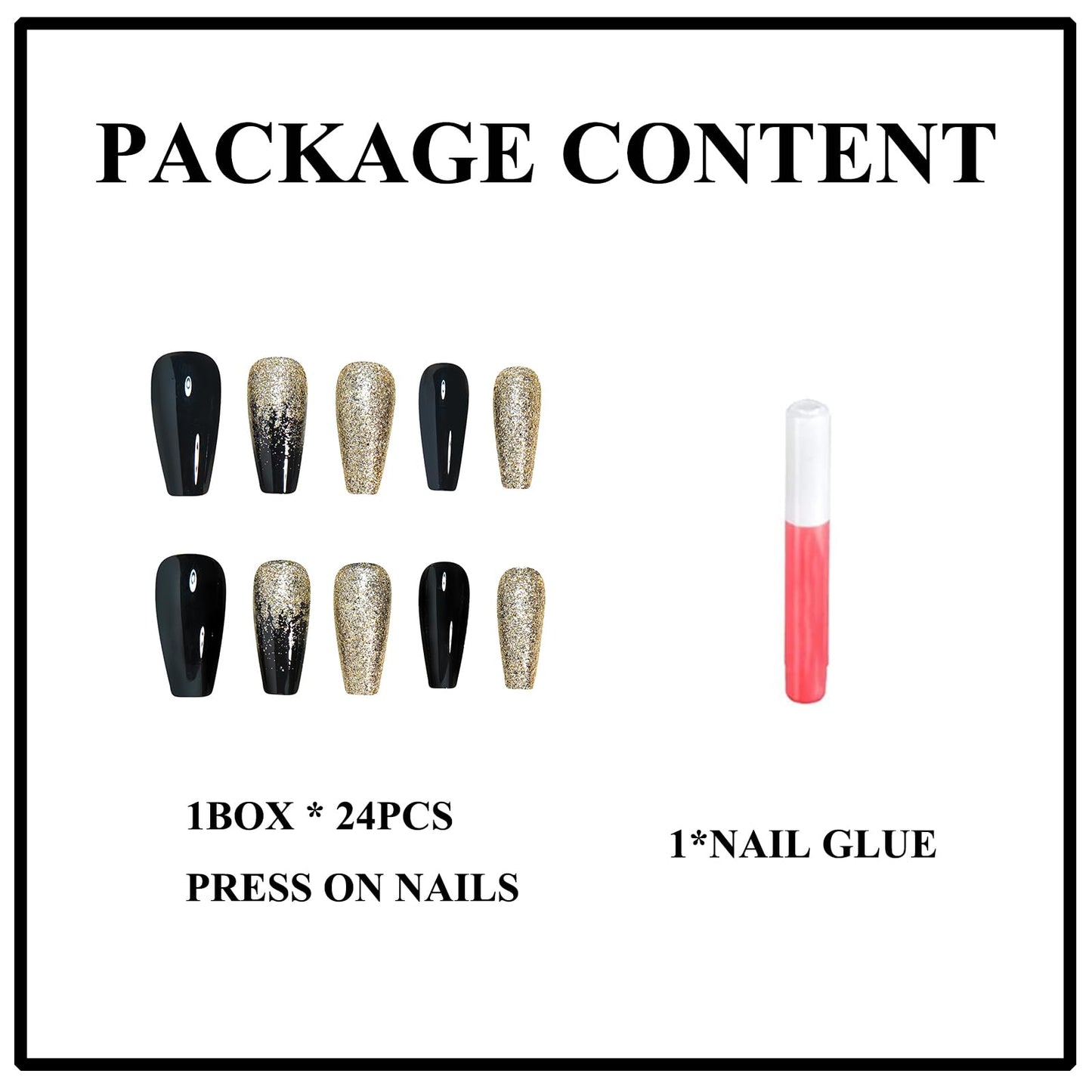 MERVF Coffin Press on Nails Long, Black French Tip Fake Nails Gold Glitter Ombre Design Glue ons Solid Color Luxury Acrylic Nail Glossy 24pcs