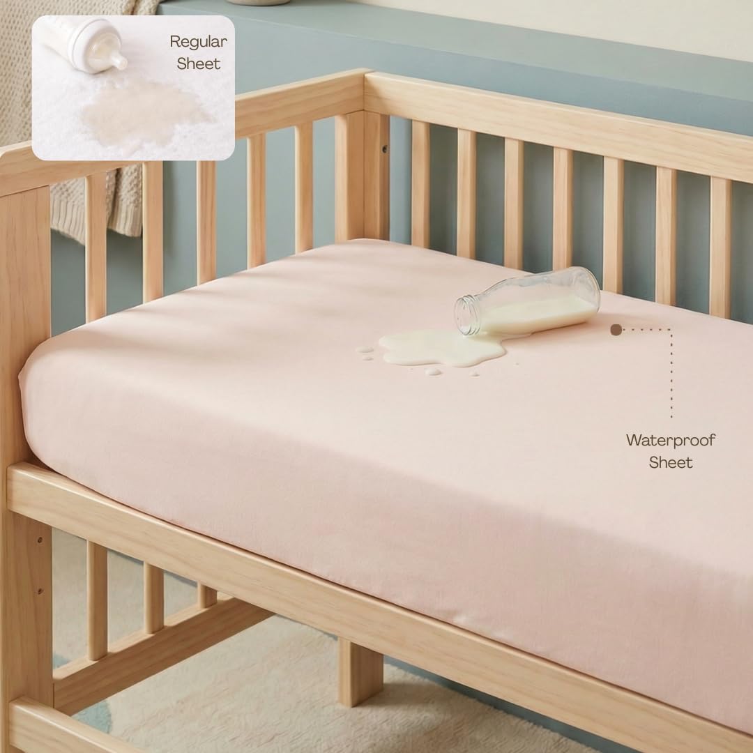ABBYBABIES Bamboo Crib Sheets 2 Pack Waterproof Mattress Protector Set for Baby Crib, Soft Fitted Mattress Topper Alternative for Standard Crib and Toddler Bed 52x28x9in (Girl: Pink, Purple)