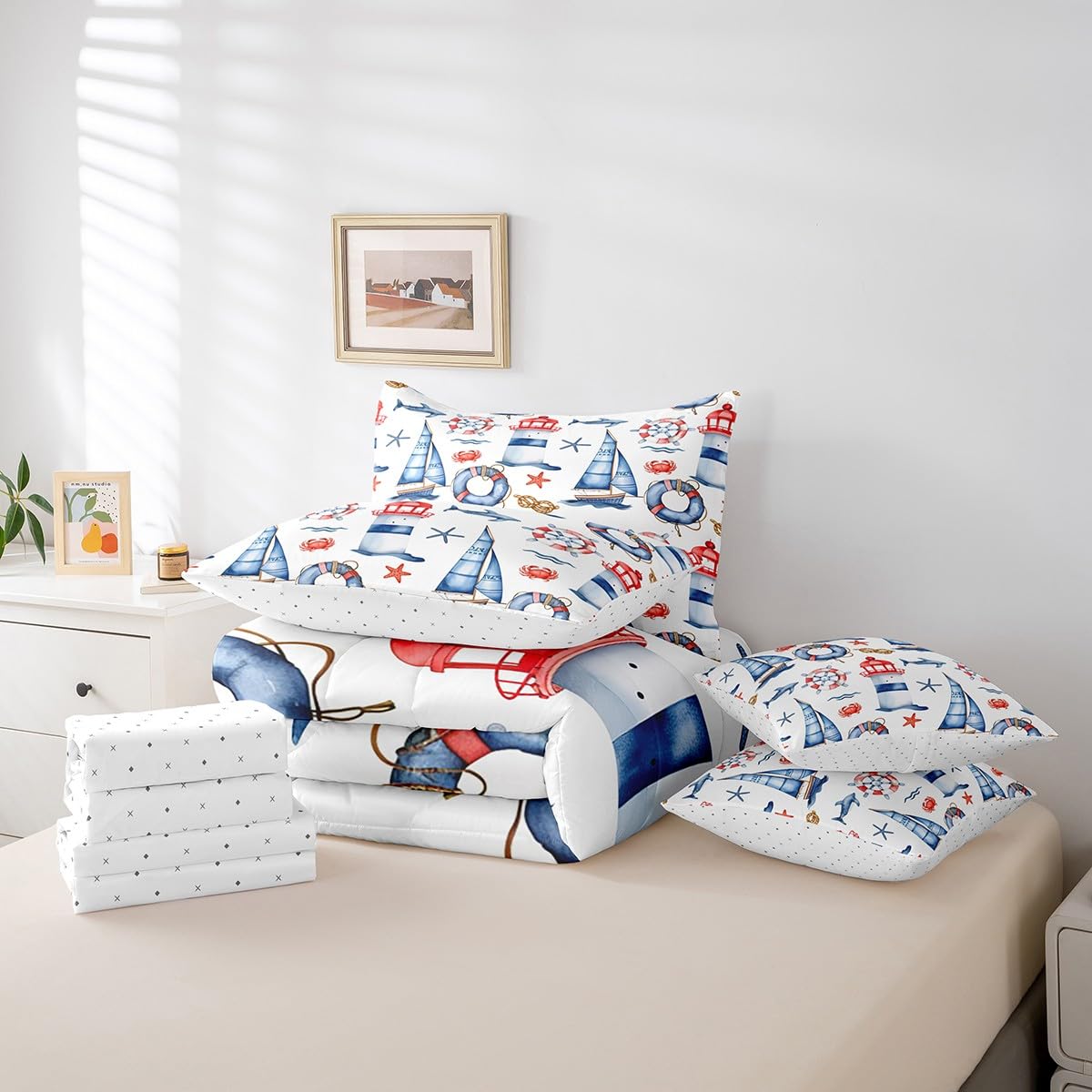 Erosebridal Lighthouse Comforter Set 7 Piece Bed in a Bag Twin,Nautical Rope Knot Bedding Sets Ocean Sailboat Steering Wheel Crab Lifebuoy Whale Sheet Set with Comforter