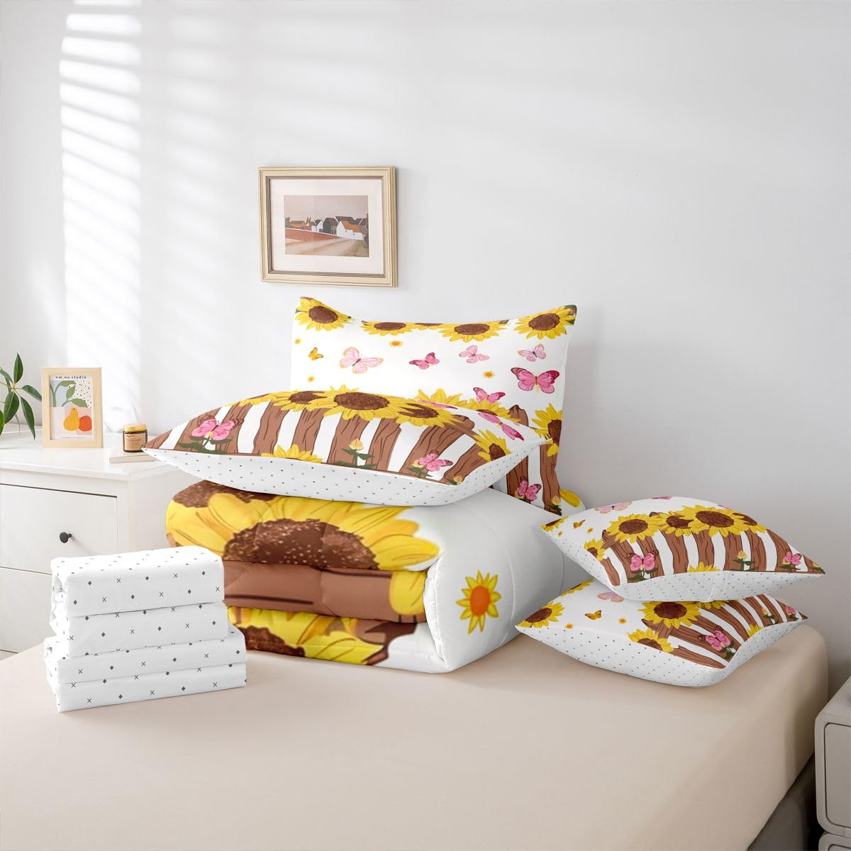 Erosebridal Sunflower 7 Piece Bedding Set Twin Butterflies Comforter Set with Sheets Cute Pink Butterfly Farmhouse Cartoon for Kids Boys Girls Yellow Petals Bud Wooden Fence Bed in a Bag