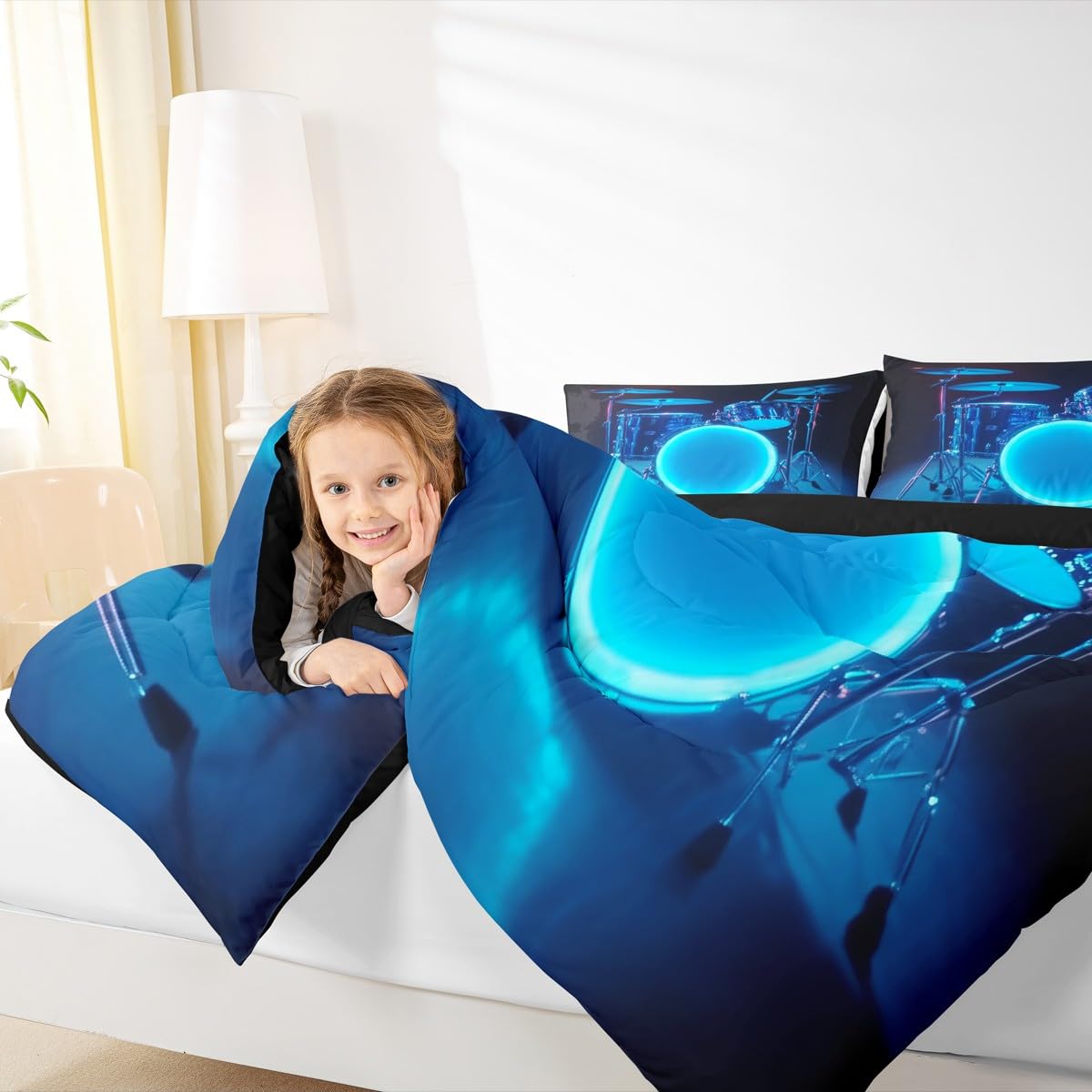 Erosebridal 3D Drum Kit Kids Comforter Sets Blue Light Drum Kit Queen Bedding Set for Boys Girls Rock Musical Instrument Comforter Set,Rock Music Theme Quilt Duvet 3 Pcs
