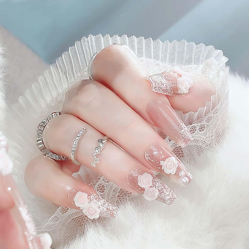 RikView Coffin Press on Nails Long Acrylic Nails White Nails with 3D Flowers Design Glossy Full Cover Nails for Women 24 PCs/Set