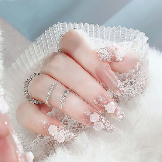RikView Coffin Press on Nails Long Acrylic Nails White Nails with 3D Flowers Design Glossy Full Cover Nails for Women 24 PCs/Set