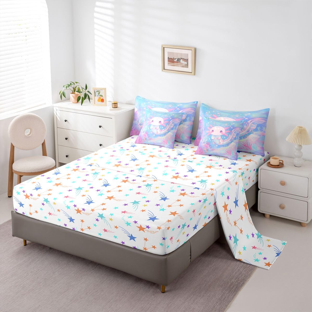 Erosebridal Coral Axolotl Ombre Cute Purple Blue Kids 7 Piece Bedding Set Twin | Salamander Cartoon Comforter Set with Sheets Ocean Sealife Kawaii Bed in A Bag Seaweed Bed Sets