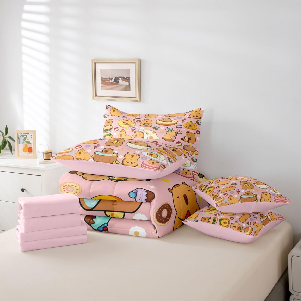 Funny Cute Capybaras 7 Pieces Bedding Set Twin Size,Capybara Lover Bed in a Bag,Kawaii Rodent Animals Bed Set Includes Comforter,Sheet Set,Pillowcases & Pillow Covers,Cakes Ice Creams Bedroom Decor