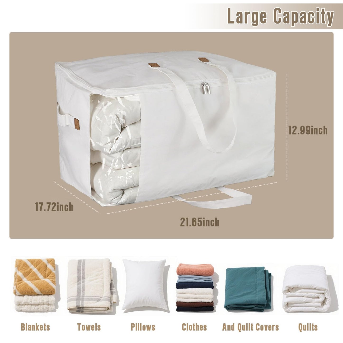 Heavy Duty Cotton Canvas Storage Bags For Comforter Blankets Clothes Extra Large Foldable Organizer with Clear Window & Reinforced Handles, Dustproof Design (White, 80L-3Pack)