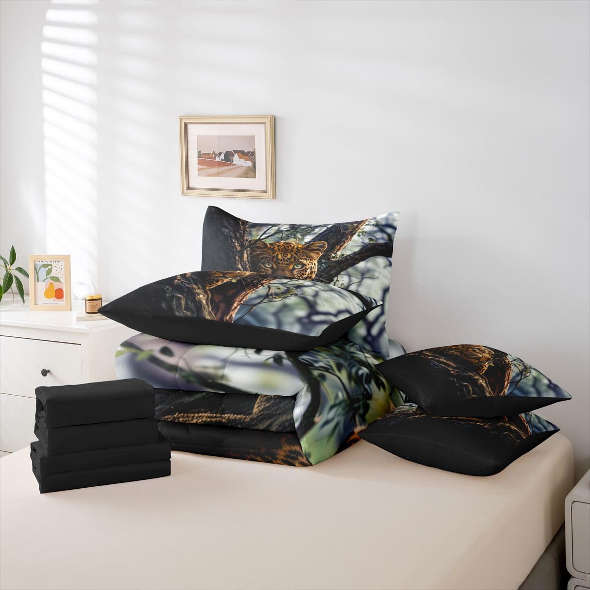 Feelyou Leopard Comforter Set Queen Size 7 Pieces Cheetah Print Bedding Set for Kids Boys Girls Wild Animal Bed in a Bag with Comforter, Sheets, Pillowcases, Cushion Covers Safari Quilted