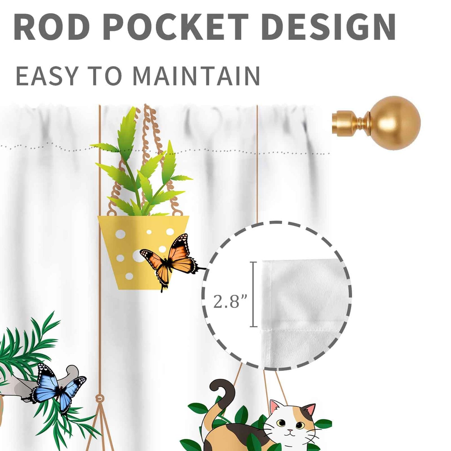 TKUYO Cat Curtains, Rustic Farmhouse Hanging Potted Plants Blacketplants Kitty Cute Lovely Cats Botanical Printed Sage Green Drapery for Bedroom Living Room Kitchen 2 Panels Set, 42"x45" Inch